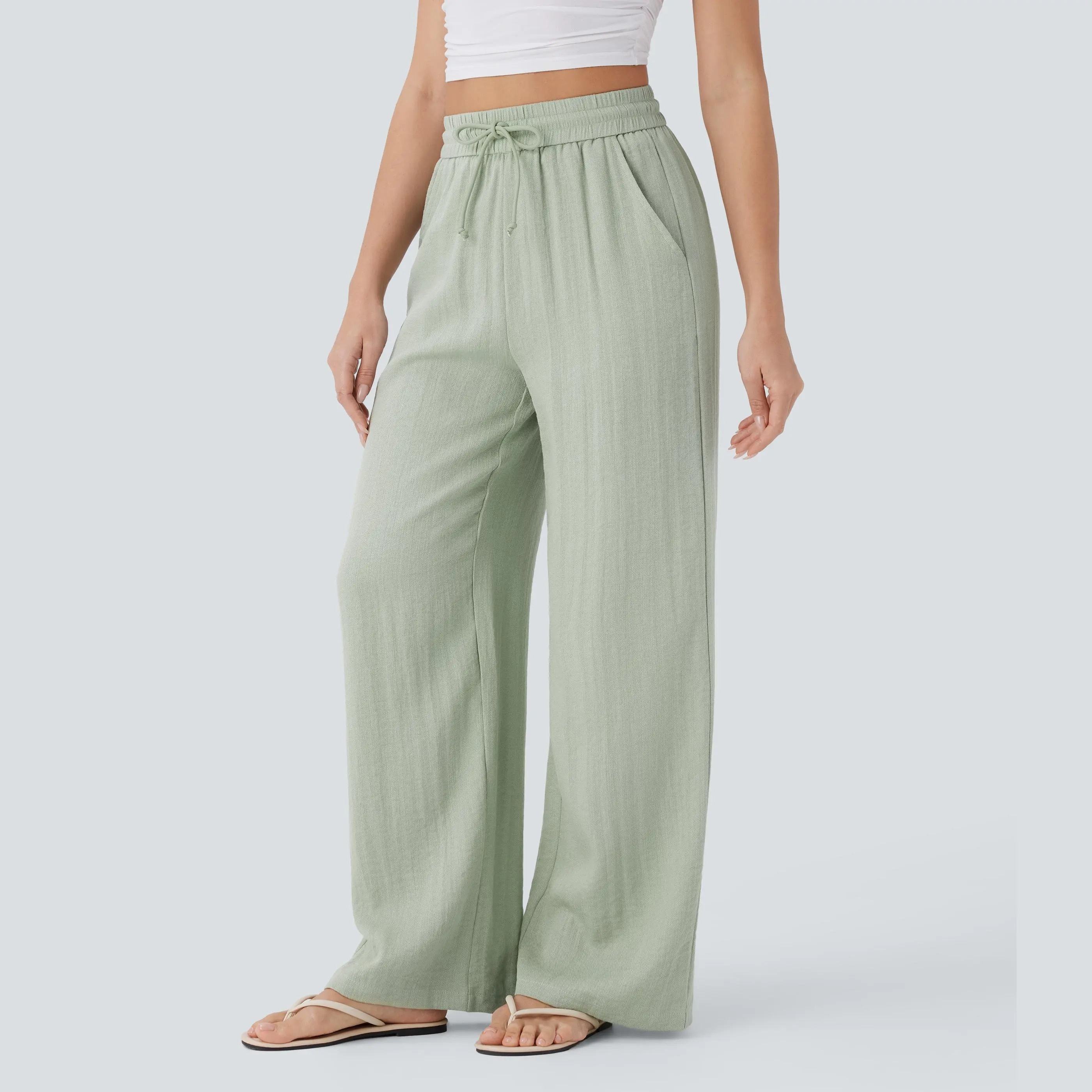 Women's High Waist Drawstring Wide Leg Linen-Feel Casual Pants with Pockets