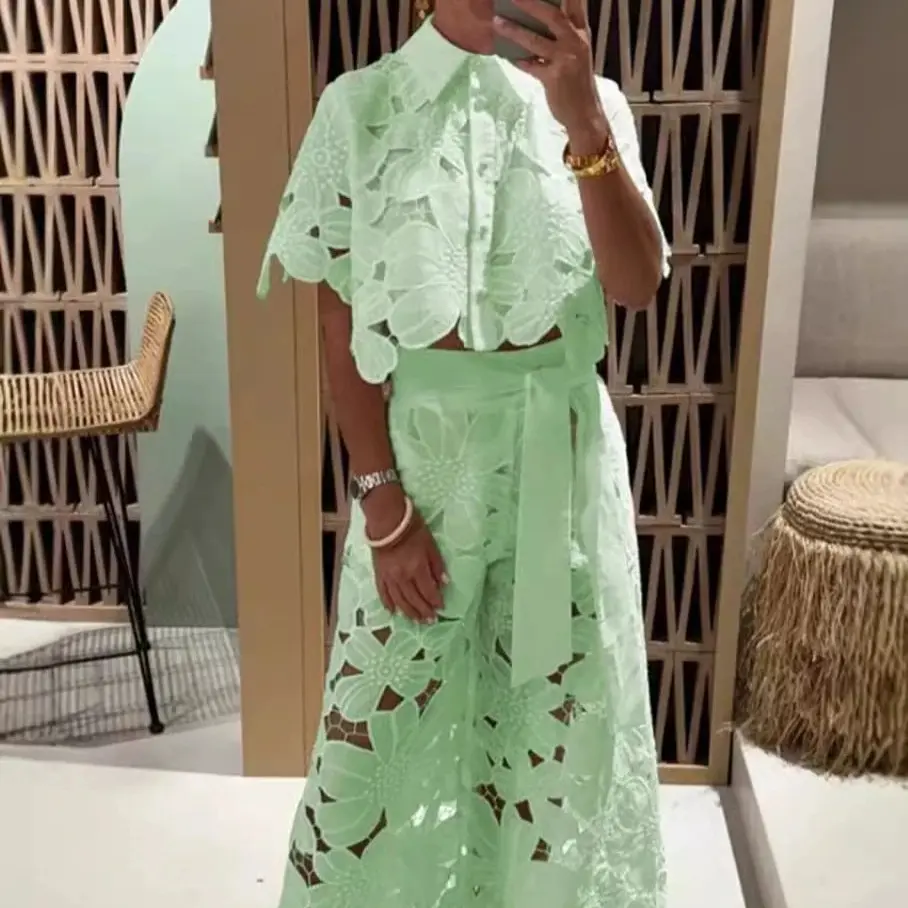 Women's 2026 New Retro Lace Outfit Set Short Sleeved Blouse Tops & Tie-up Pants Two-Piece Embroidery Hollow Temperament Suit for Casual & Special Occasions