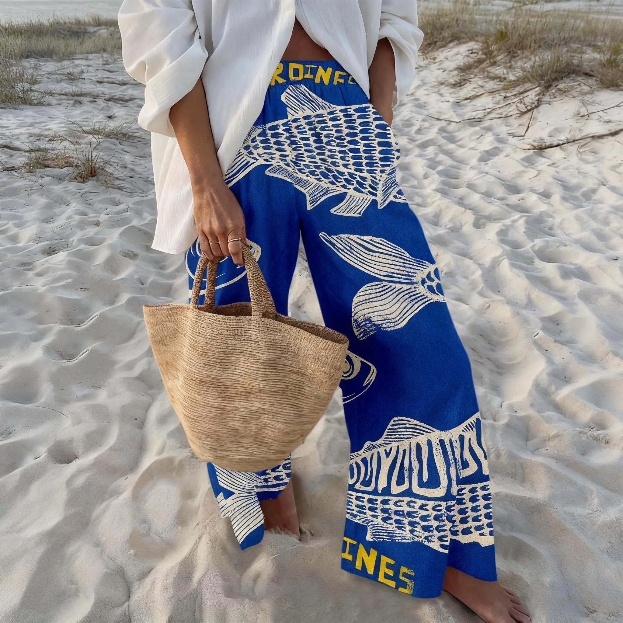 Women's Retro Nautical-Style Sardine Print Wide-Leg Pants with Contrasting Painted Loose and Comfortable