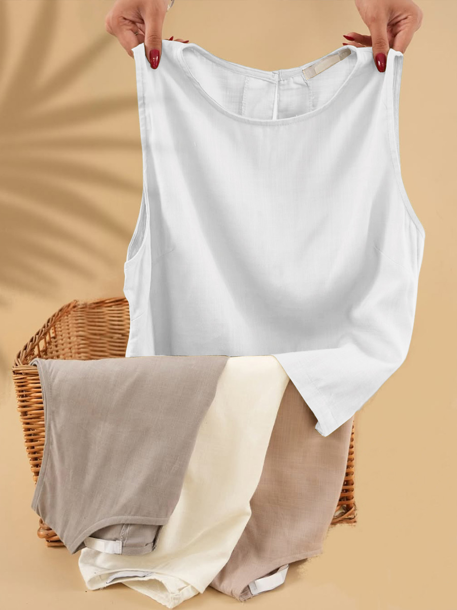 Women's Solid Color Round Neck Sleeveless Casual Linen Vest Top