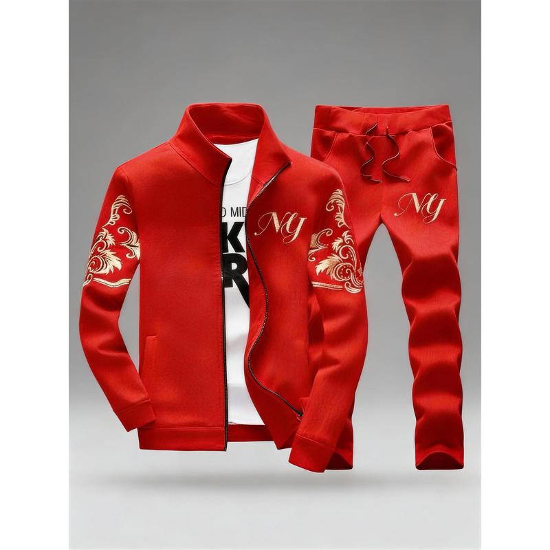 Men’s Embroidered Stand Collar Tracksuit 2-Piece Set