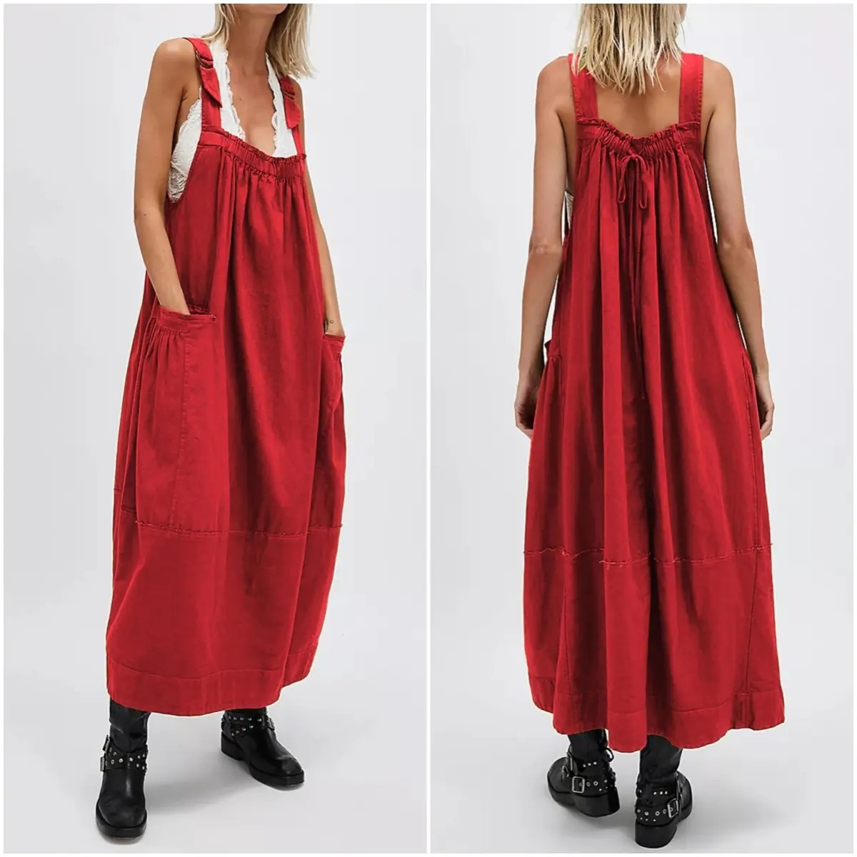 Women's Sleeveless Strappy Barrel Midi Dress with Pockets & Adjustable Straps