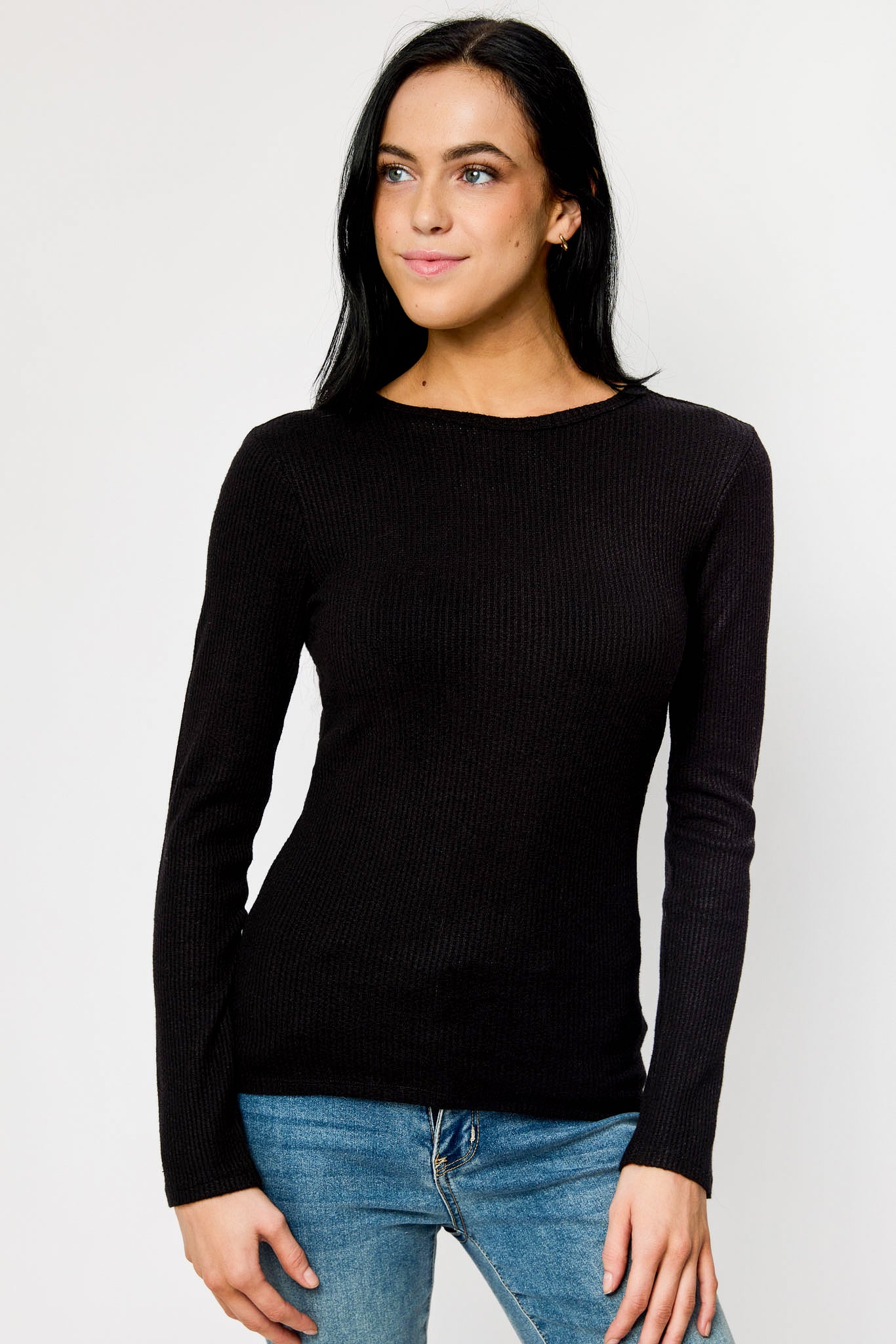 Waffle-Knit Long-Sleeve Crew-Neck Tee