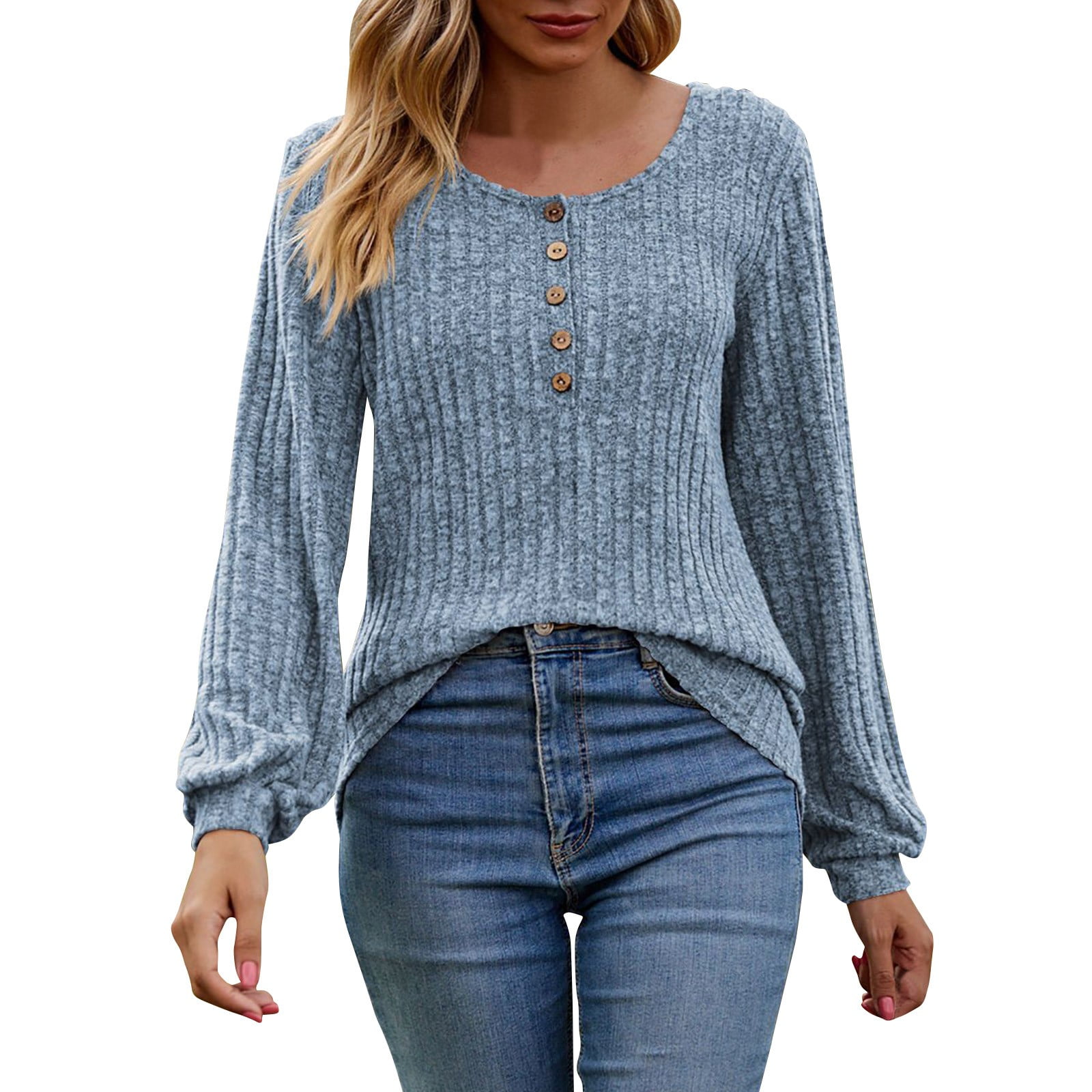 Women's Fall Button Scoop Neck Puff Long Sleeve Henley Shirts