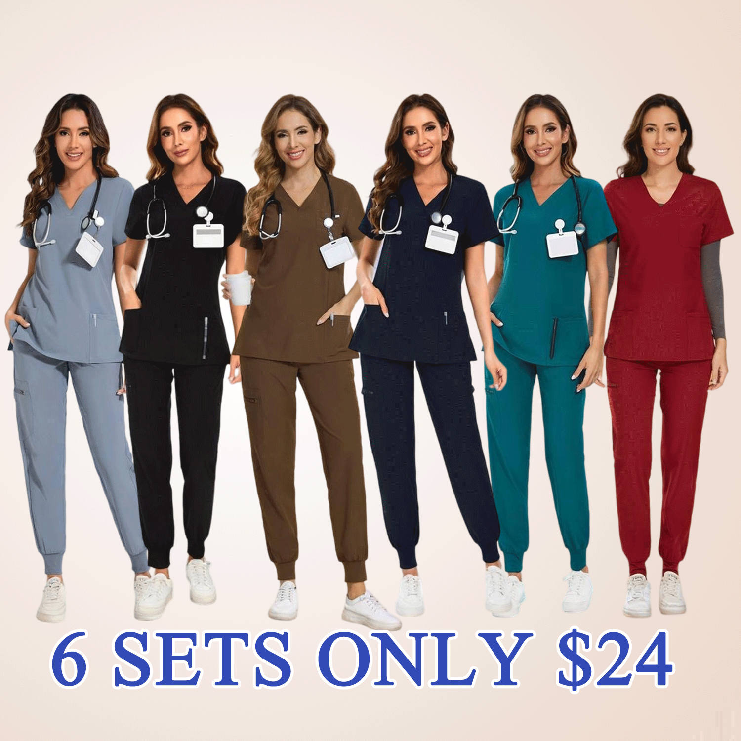 🔥Women’s Stretch V-Neck Scrub Set (Top + Jogger Pants) – 8 Pocket Utility Uniform
