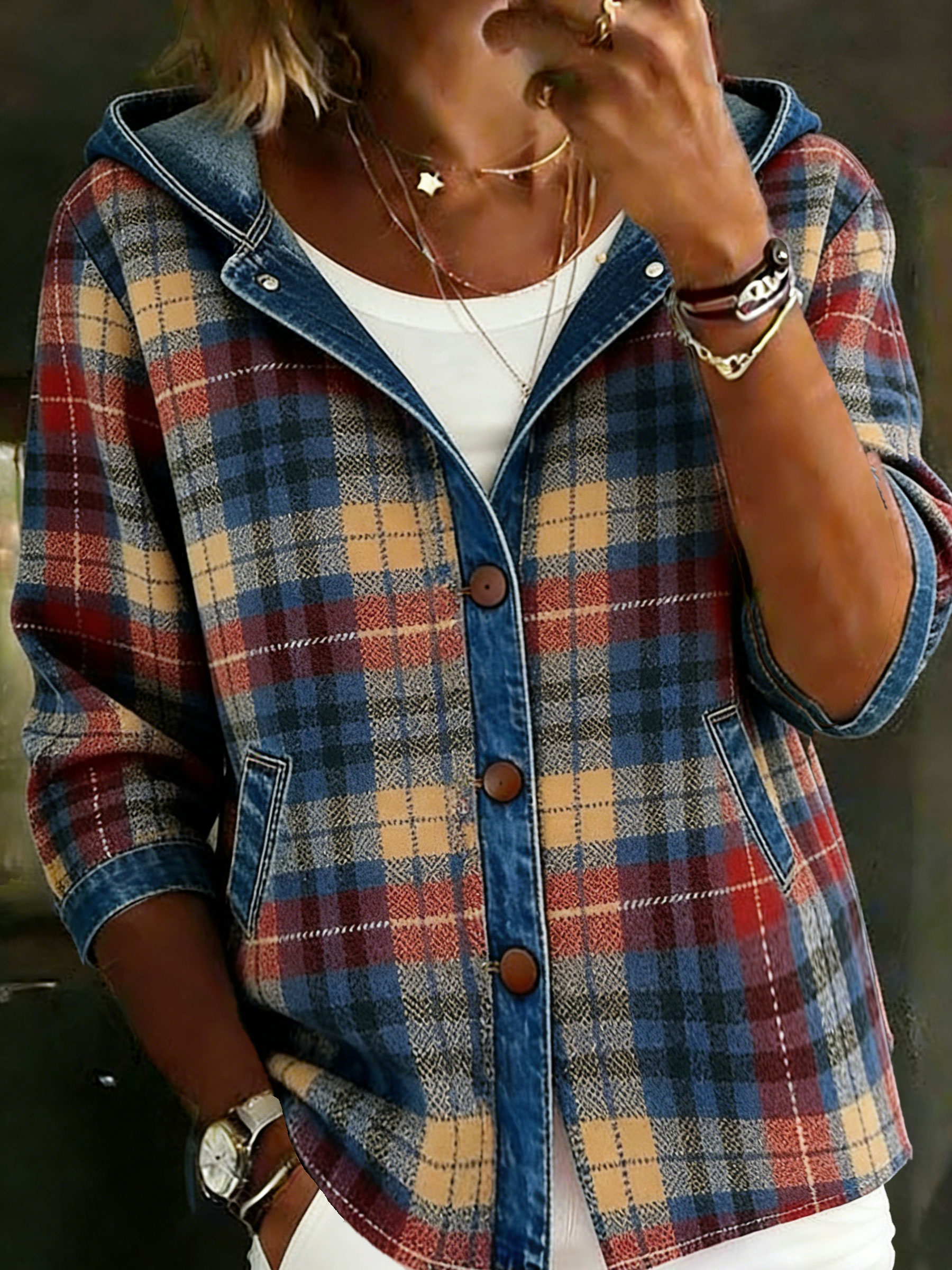 Women's Casual Long Sleeve Denim Patchwork Plaid Hoodie Jaket