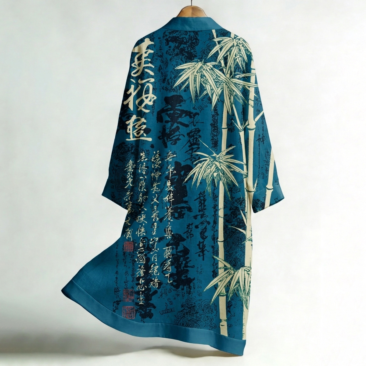 Men's Retro Bamboo And Calligraphy Print Linen Long Kimono