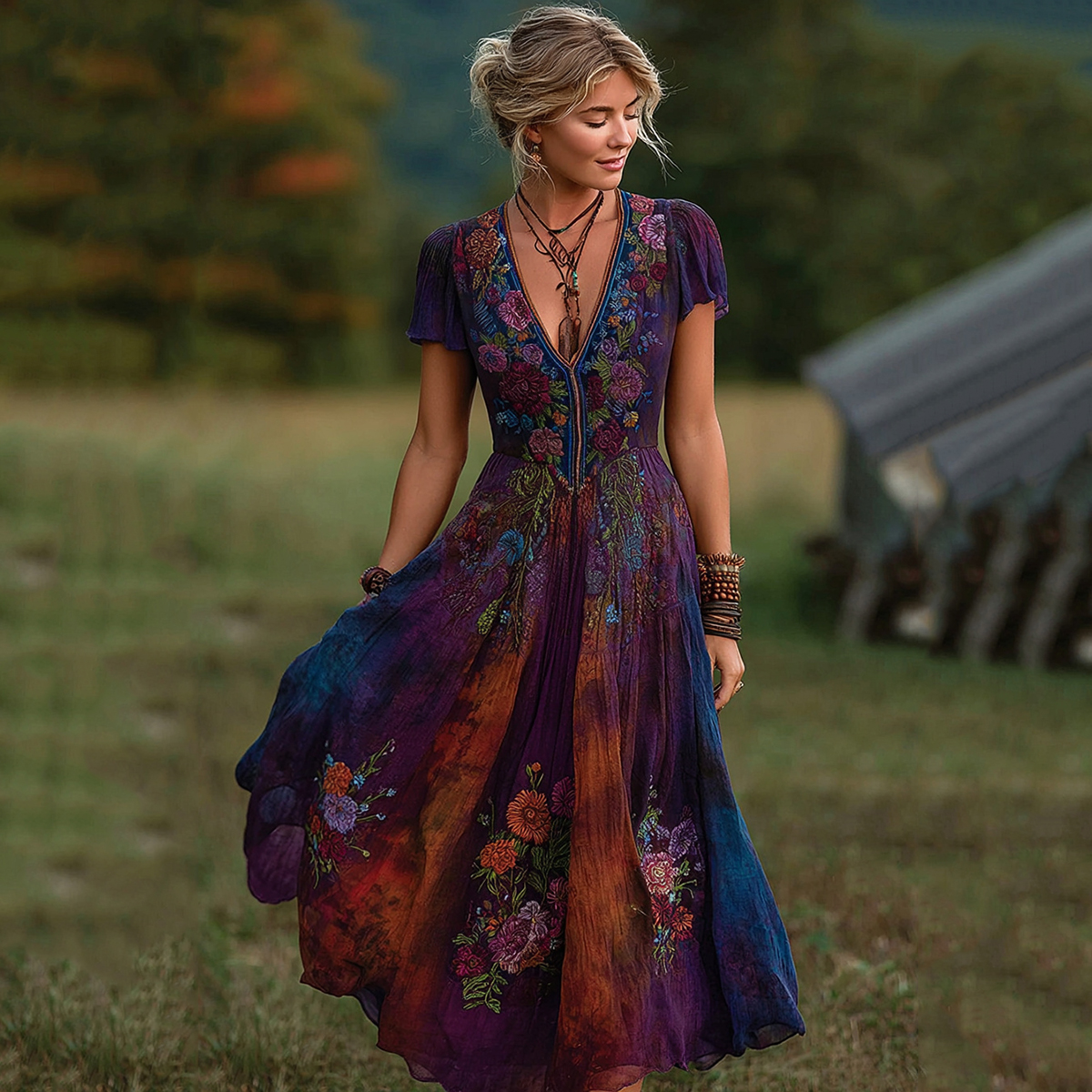 Vintage Lavender And Floral Embroidered Art Linen V Neck Maxi Dress