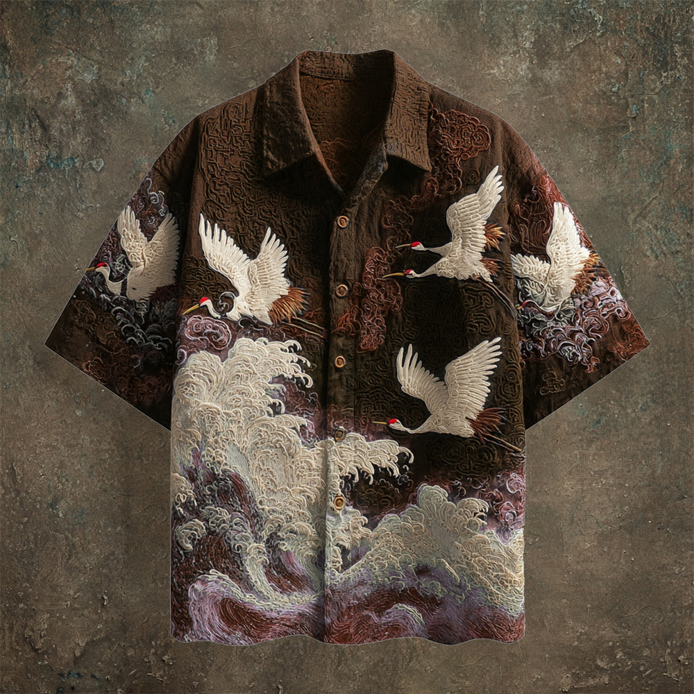 Japanese Wave & Crane Men's Casual Linen Short Sleeve Shirt
