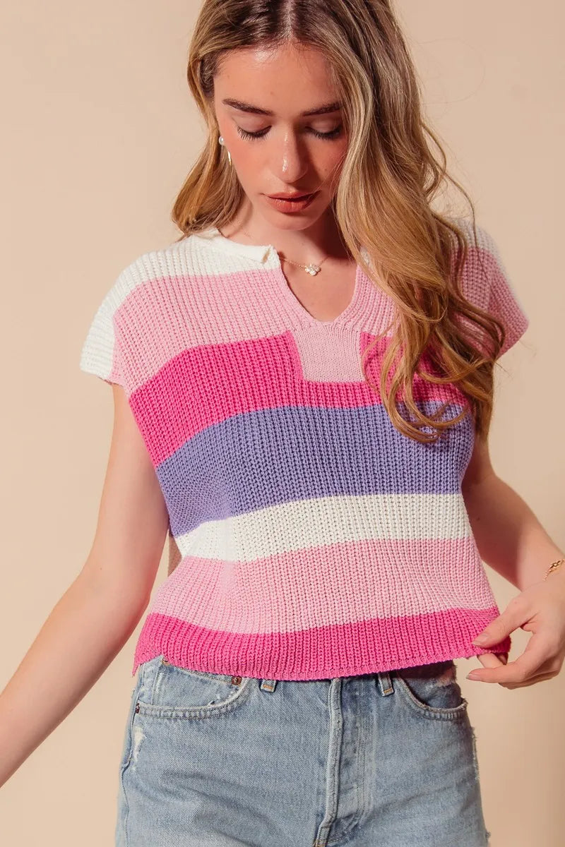 Multi Color Stripe Loose Fit Cap Sleeve Sweater Top