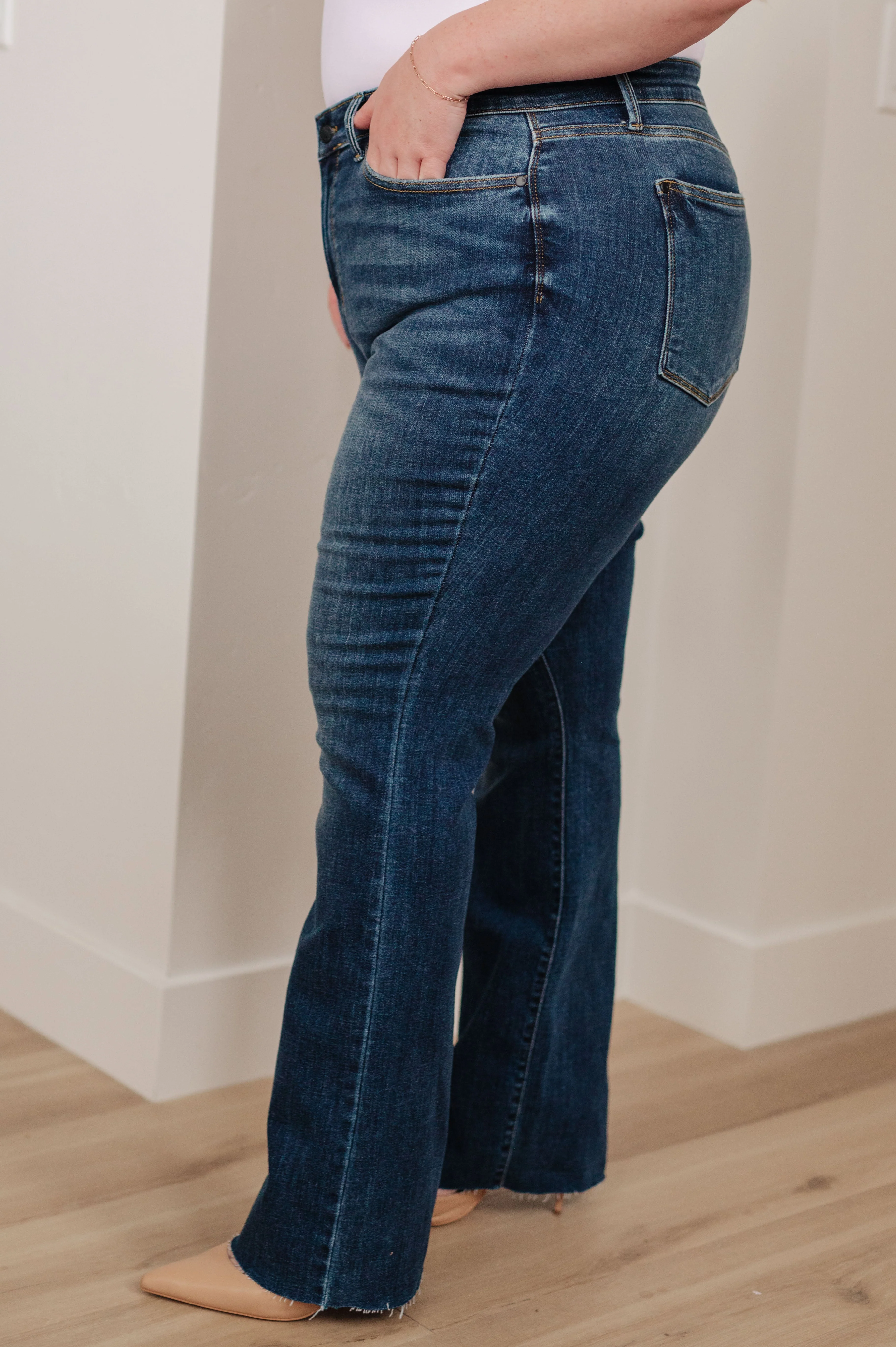 Blue Josephine Mid Rise Raw Hem Bootcut Jeans