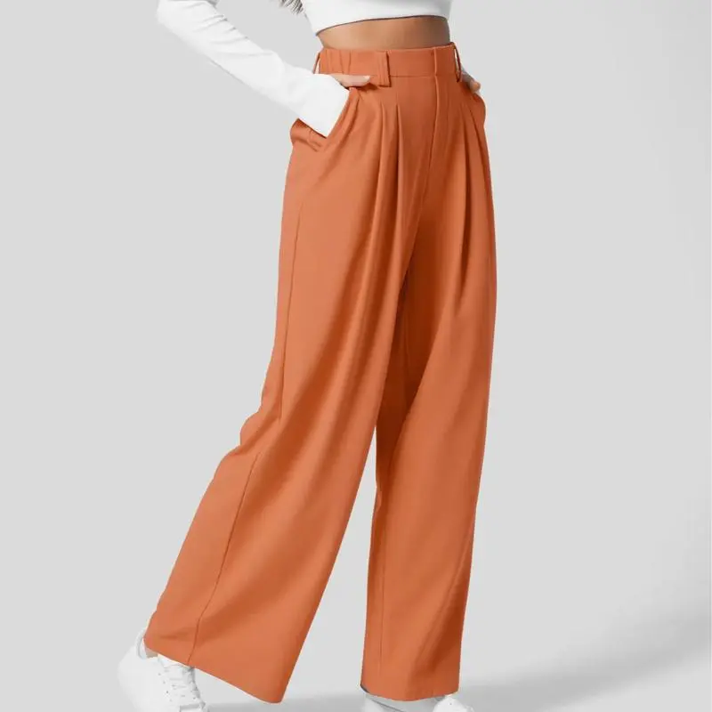 High Waisted Plicated Side Pocket Wide Waffle Work Pants