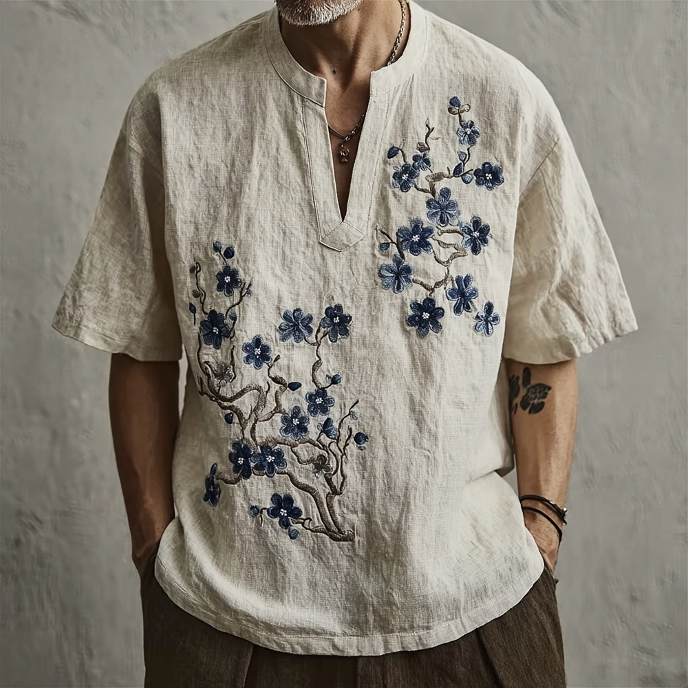 Vintage Japanese Plum Blossom Art Cozy Linen Shirt