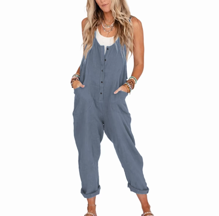 Women's Linen Cotton Overalls – Lightweight Casual Jumpsuits with Pockets for Summer