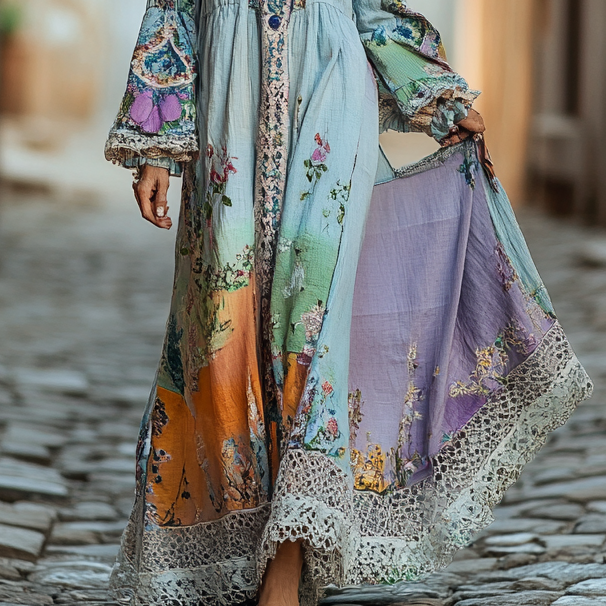 Vintage Loose Linen Patchwork Dress 309f