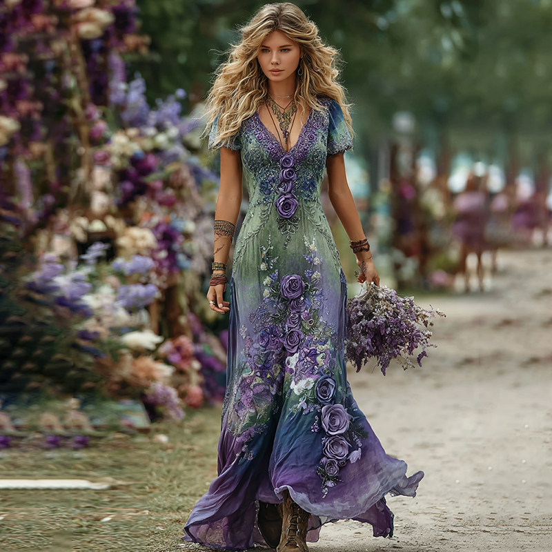 Vintage Green And Purple Lavender And Floral Embroidered Art Linen Maxi Dress