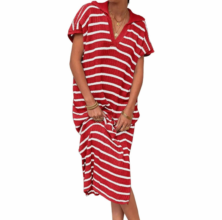 Women's Striped Summer Dress – V-Neck Short Sleeve Knit Collar Loose Maxi Dress with Slit