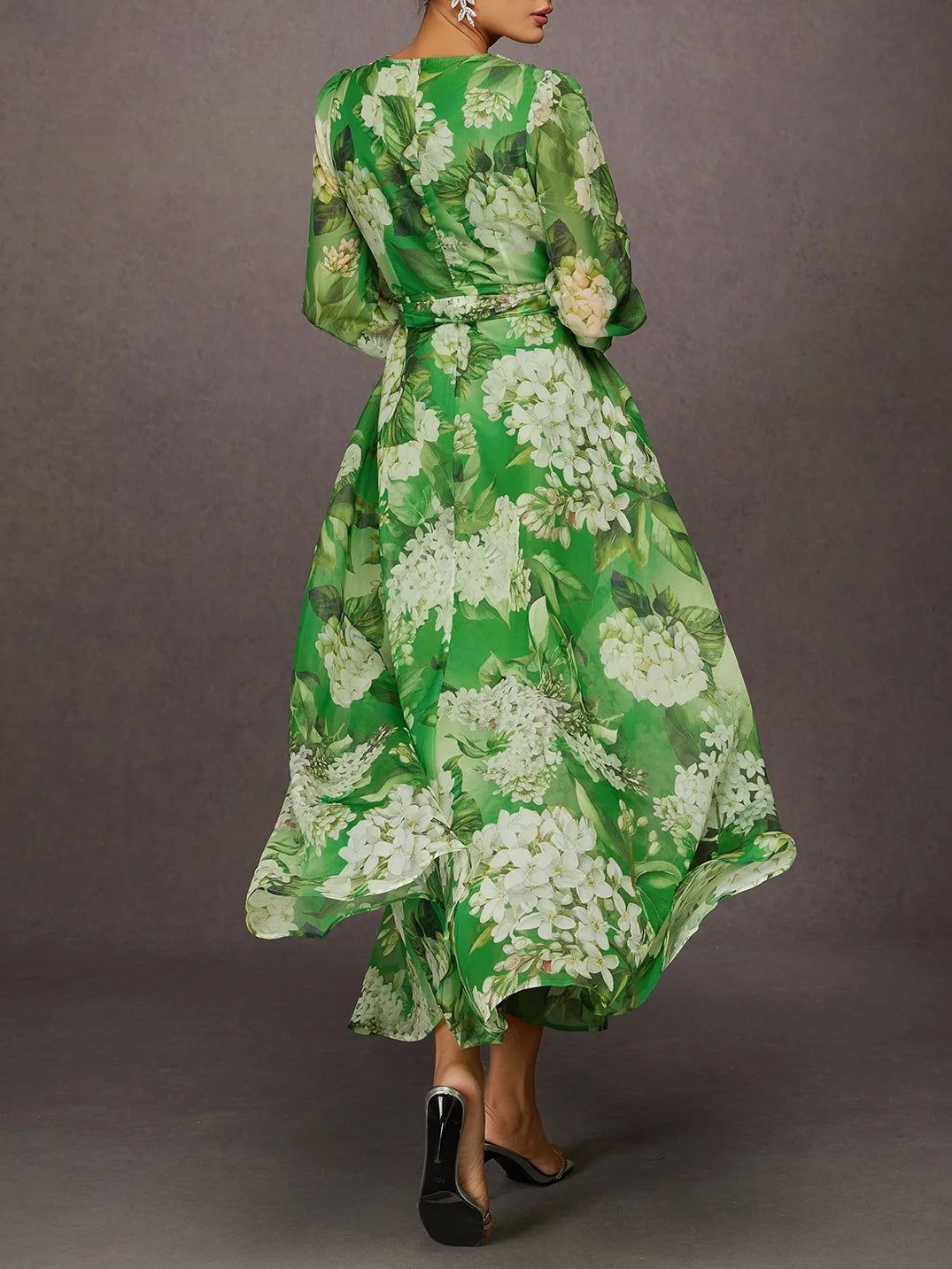 Green Floral Print V-neck Long-sleeved Chiffon Maxi Dress