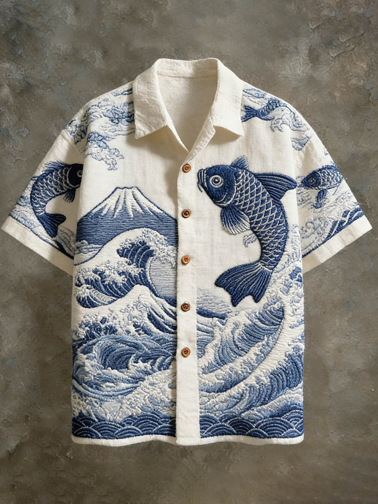 Men's Japanese Koi And Ocean Pattern Linen Short-sleeve Shirt