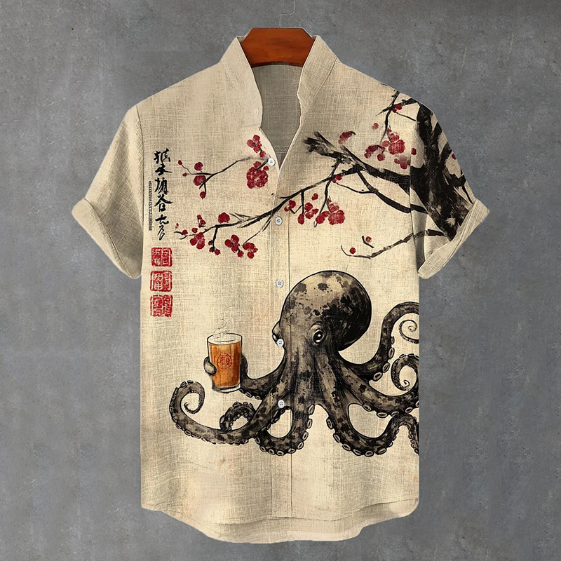 Men's Octopus Drinking Tea Under The Cherry Tree Art Print Casual Shirt