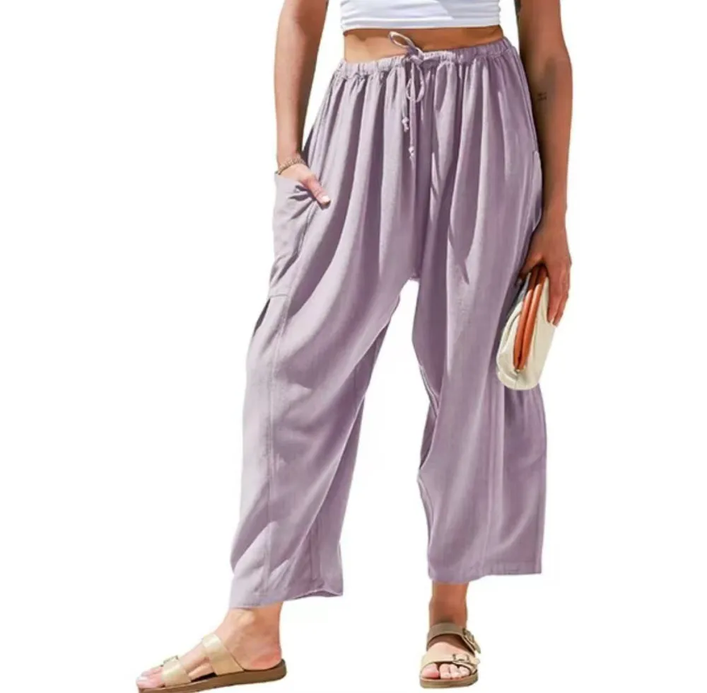 TARSE Women's Linen Wide Leg Pants – Casual Loose-Fit Palazzo Harem Pants with Pockets for Summer Beach Outfits