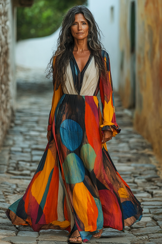 Vintage Loose Linen Patchwork Rainbow Contrast Dress 3132