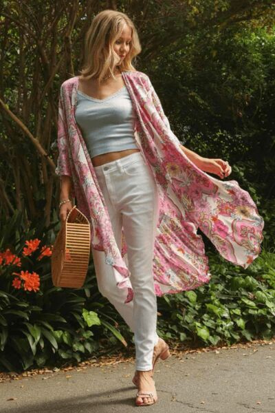 Mixed Print Open Front Kimono with Ruffle Sleeves