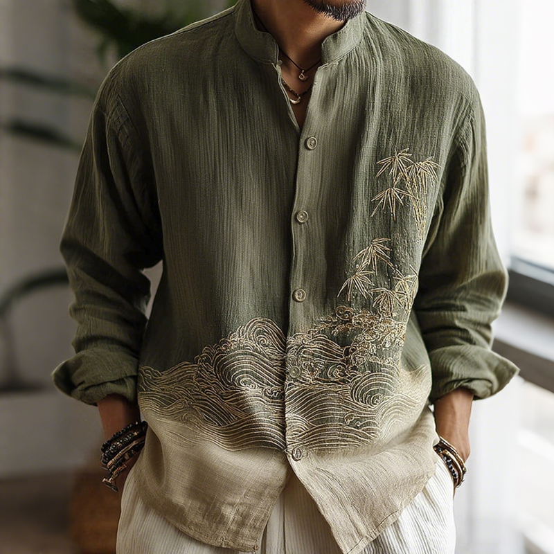 Men's Japanese-style Bamboo Waves Gradient Pattern Linen Blend Shirt
