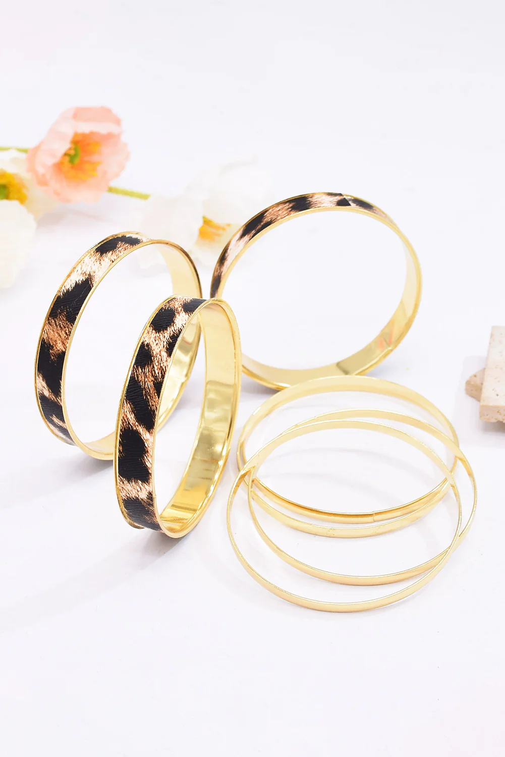 Gold Leopard Print Alloy Multi Layered Bangle Bracelet