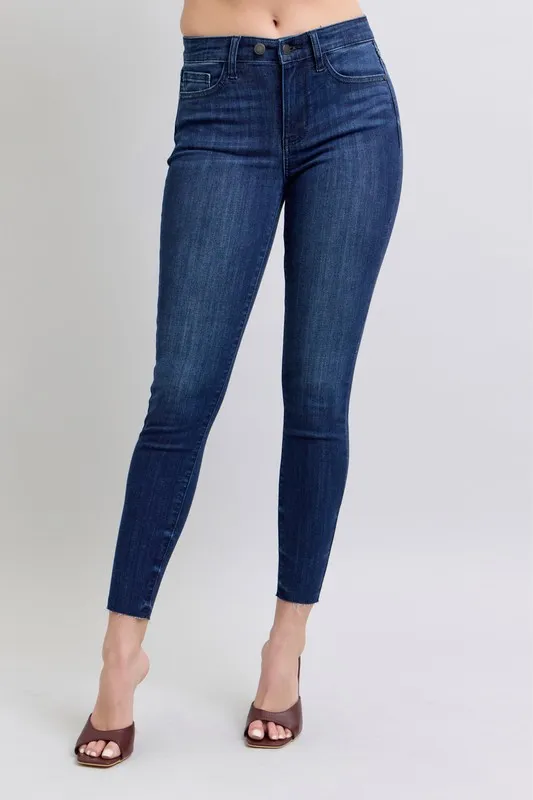 Blue Full Size Mid Rise Skinny Jeans with Raw Hem Plus Size