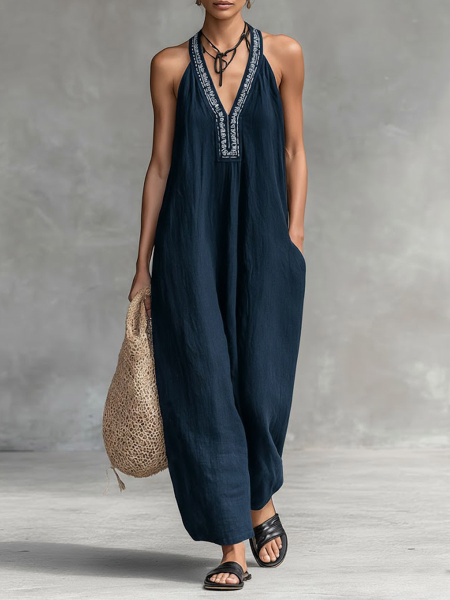 Women's Solid Color V-Neck Halter Neck Sleeveless Casual Loose Cotton Linen Wide-Leg Jumpsuit