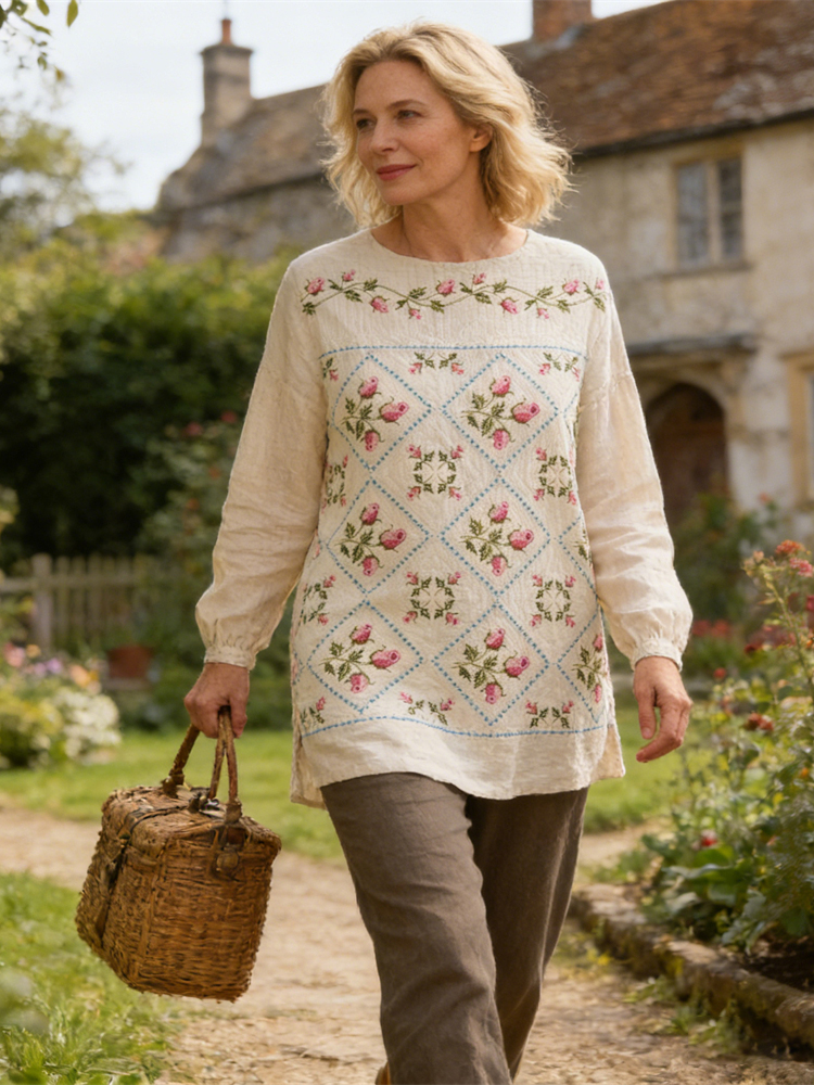 Vintage Rustic Floral Pattern Women's Linen Long Sleeve Long Tunic