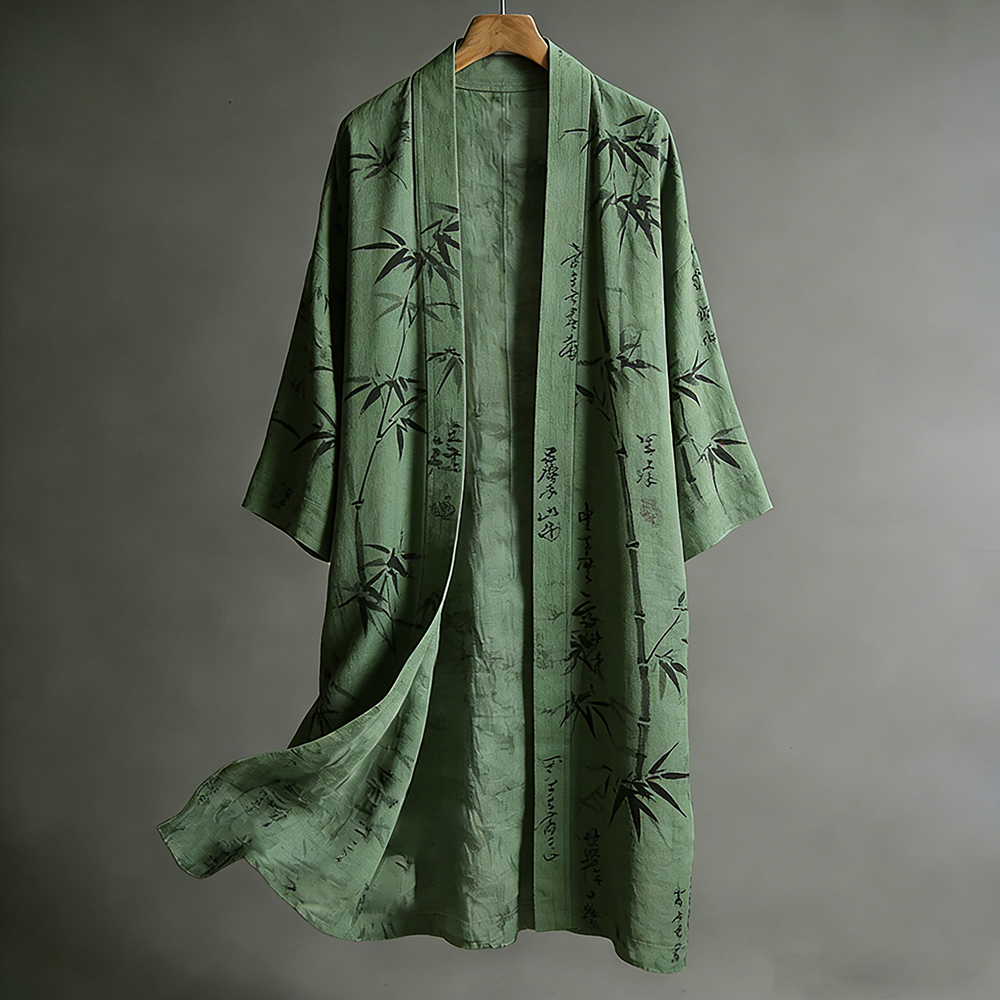 Japanese Art Ink-stained Bamboo Forest Green Cotton Linen Kimono