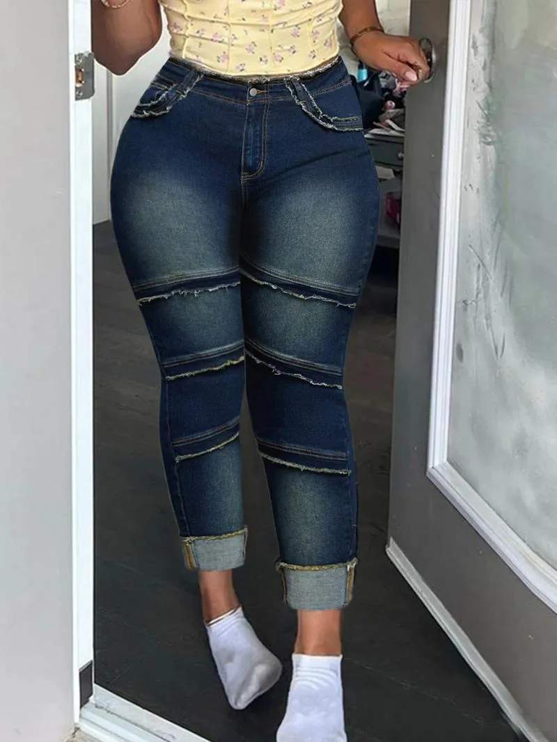 Raw Hem Pocket High Waisted Denim Jeans, Casual Comfy Slim-fitting Trousers for Daily Wear