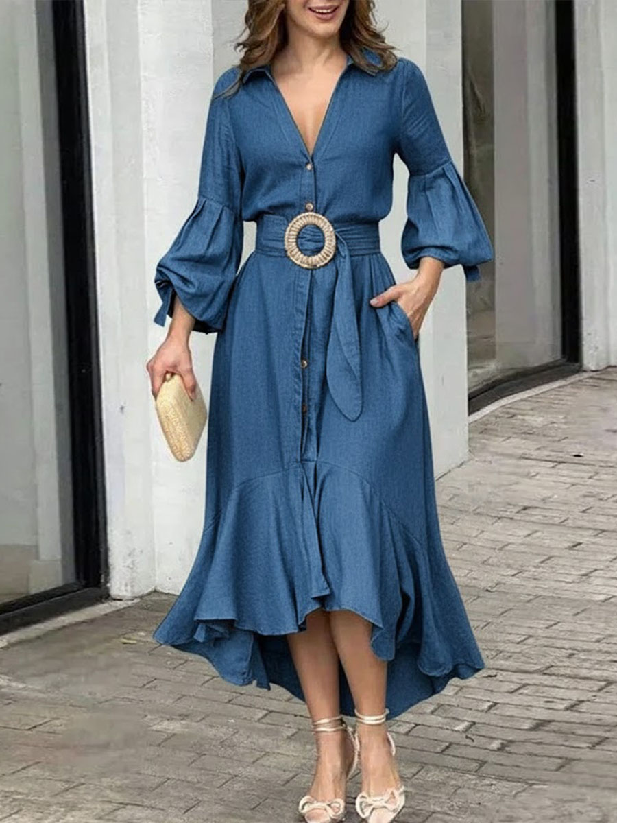 Women's V-neck Long-sleeved Casual Loose Denim Dress