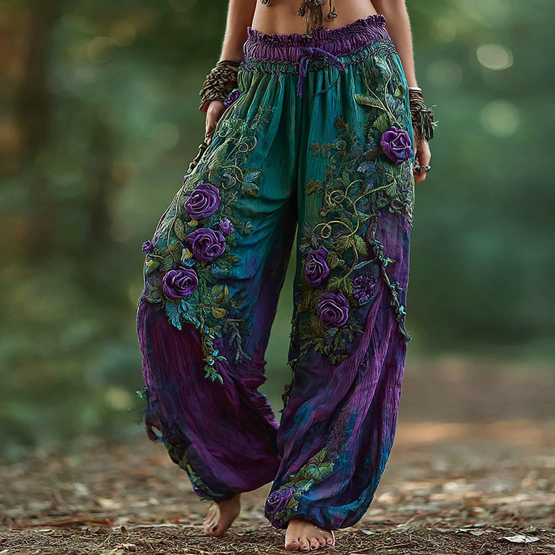 Women's Vintage Rose Floral Pattern Casual Pants