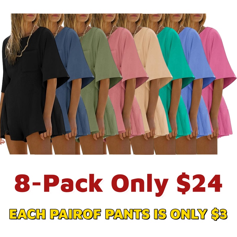 Women Spring Outfits Summer Casual Short Sleeve Crew Neck Loose Jumpsuits with Pocket