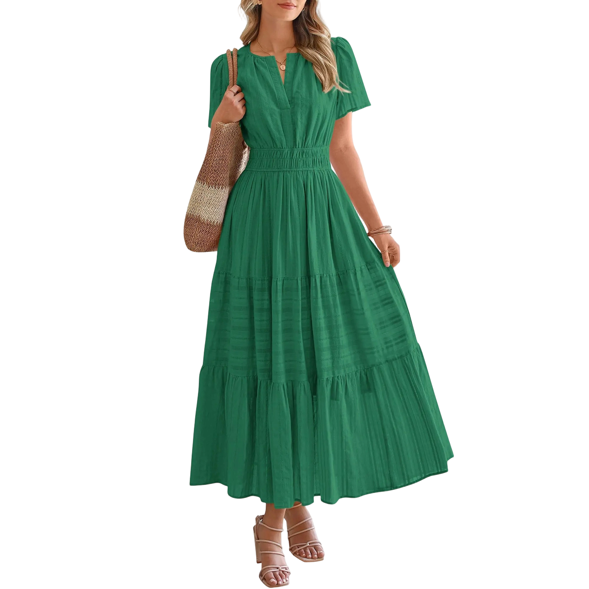 Women's Summer 2026 Casual Maxi Dress Lightweight Short Sleeve V Neck Boho Dress with Pockets