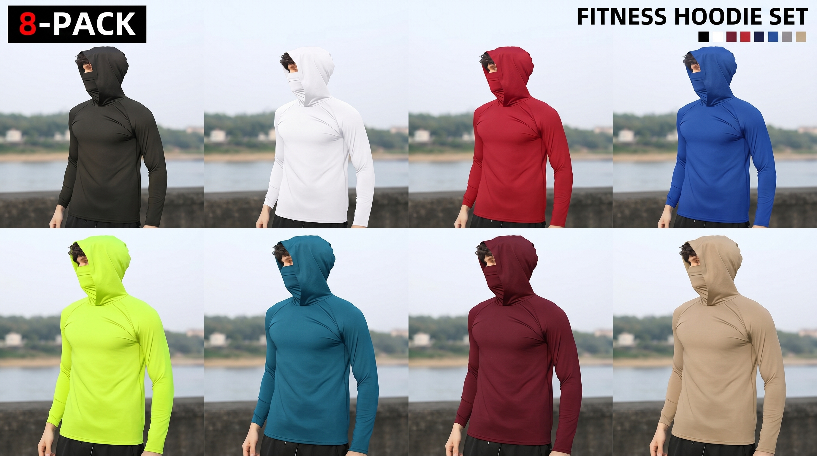 8-Piece Men's Casual Hoodie Set – Soft, Stylish & Versatile Pullover Hoodies (Blue, Black, Light Gray)