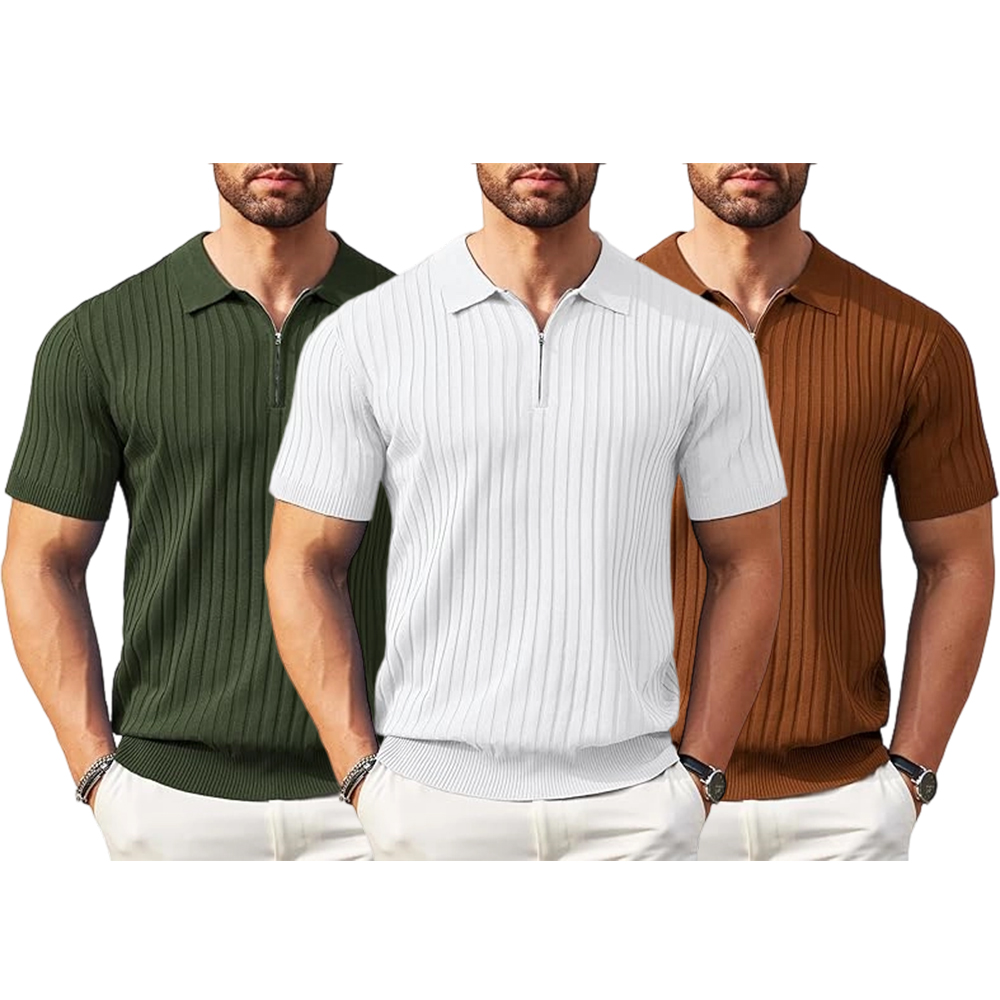 Men's Zipper Polo Shirts Short Sleeve Ribbed Knit Polo T Shirts Fashion Casual Golf Shirts