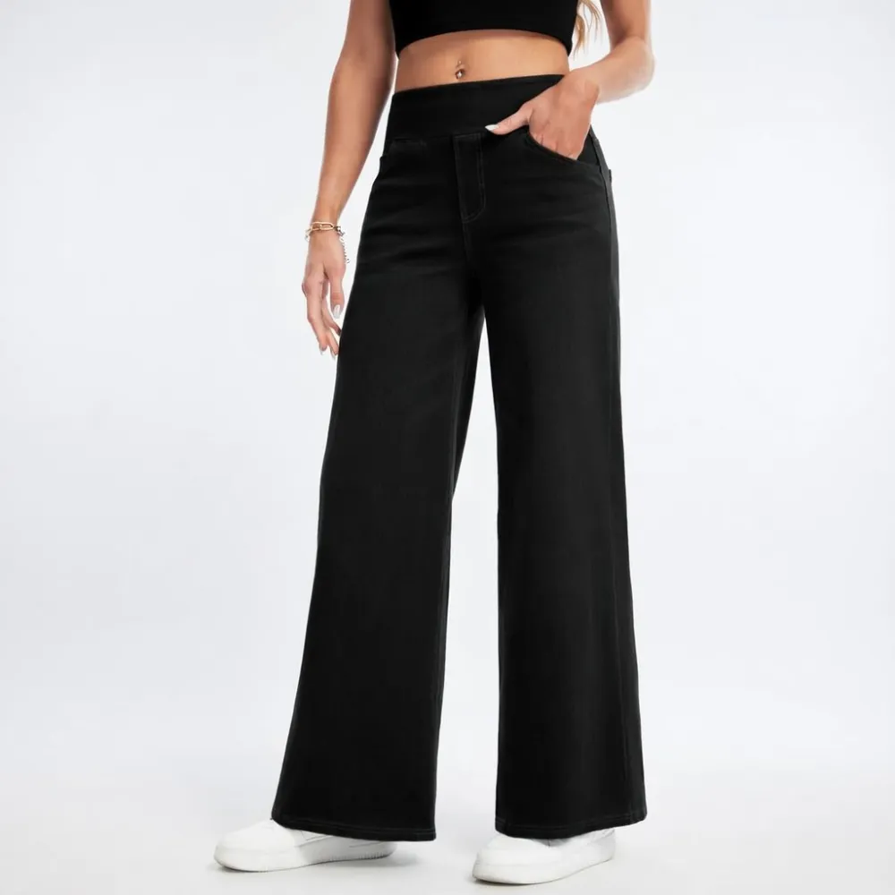 Women’s High Waisted Stretch Wide Leg Jeans – Pull On Tummy Control Elastic Waist Denim Pants with Pockets