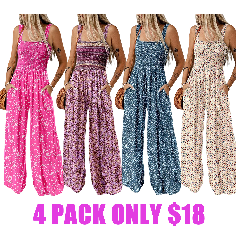 Women's Casual Loose Overalls Jumpsuits One Piece Sleeveless Printed Wide Leg Long Pant Rompers