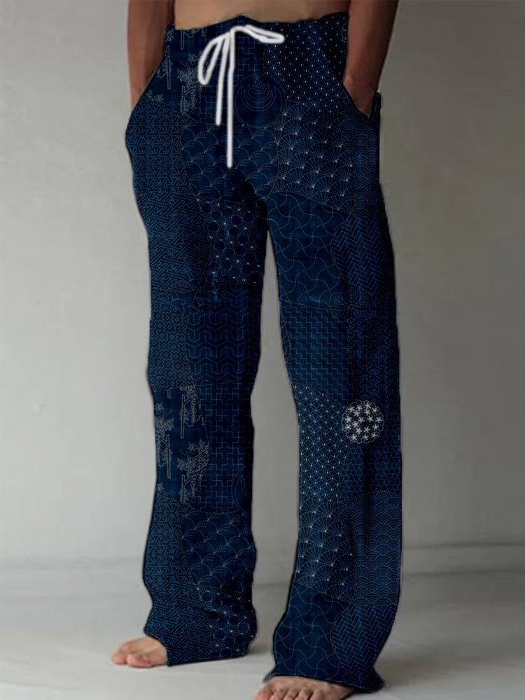 Men's Japanese Traditional Sashiko Art Linen Blend Casual Pants