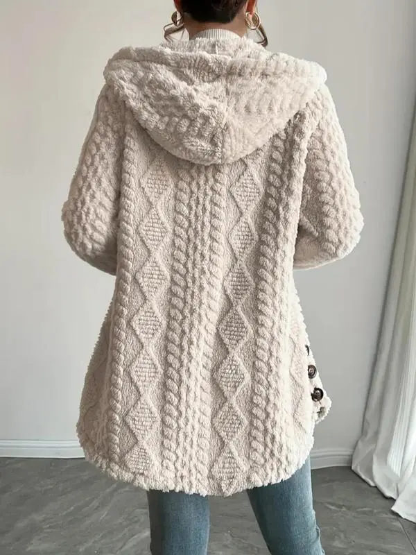 Women's Fall Winter Warm Fashion Jacquard Hooded Cardigan Long Sleeve Coat