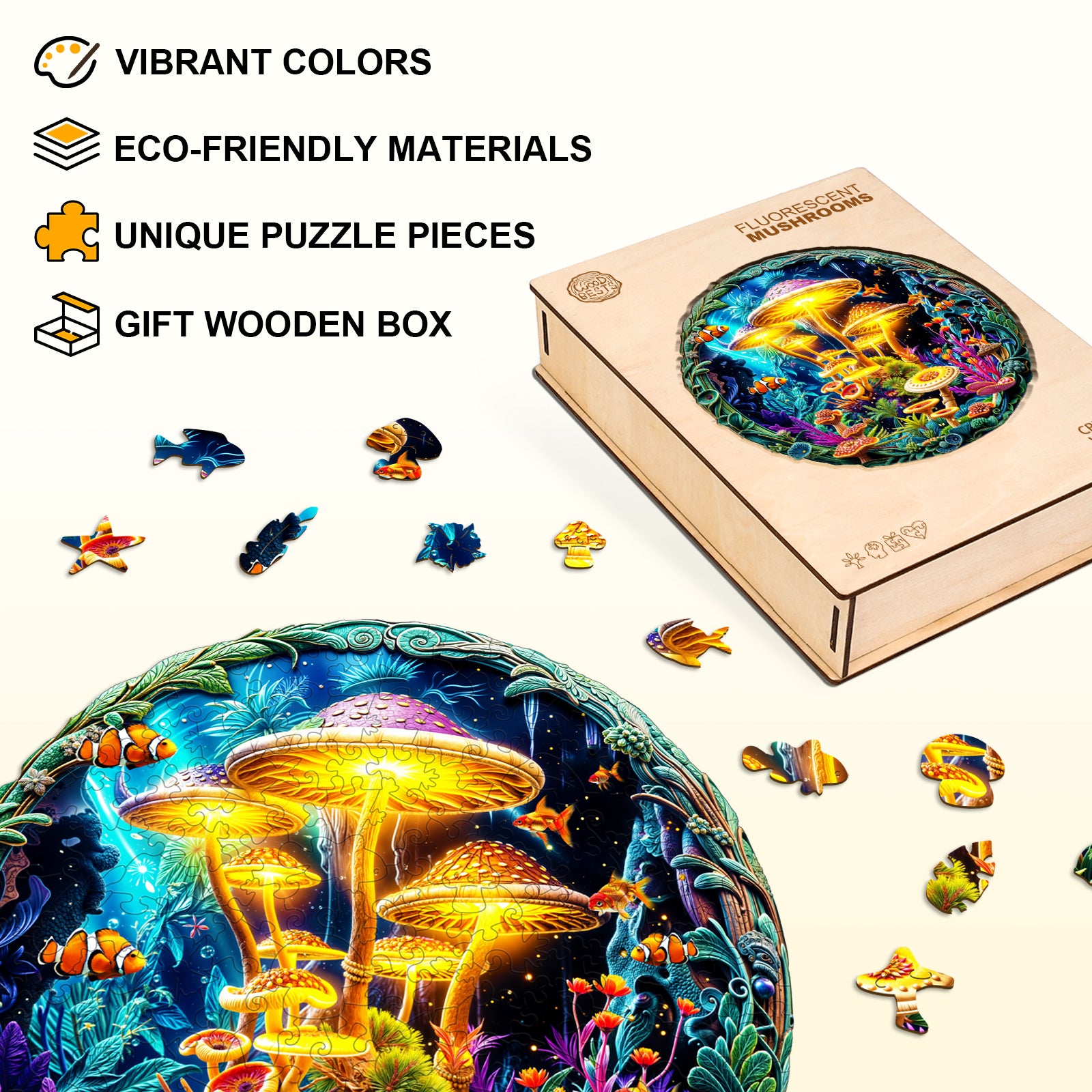fluorescent mushrooms Wooden Jigsaw Puzzle