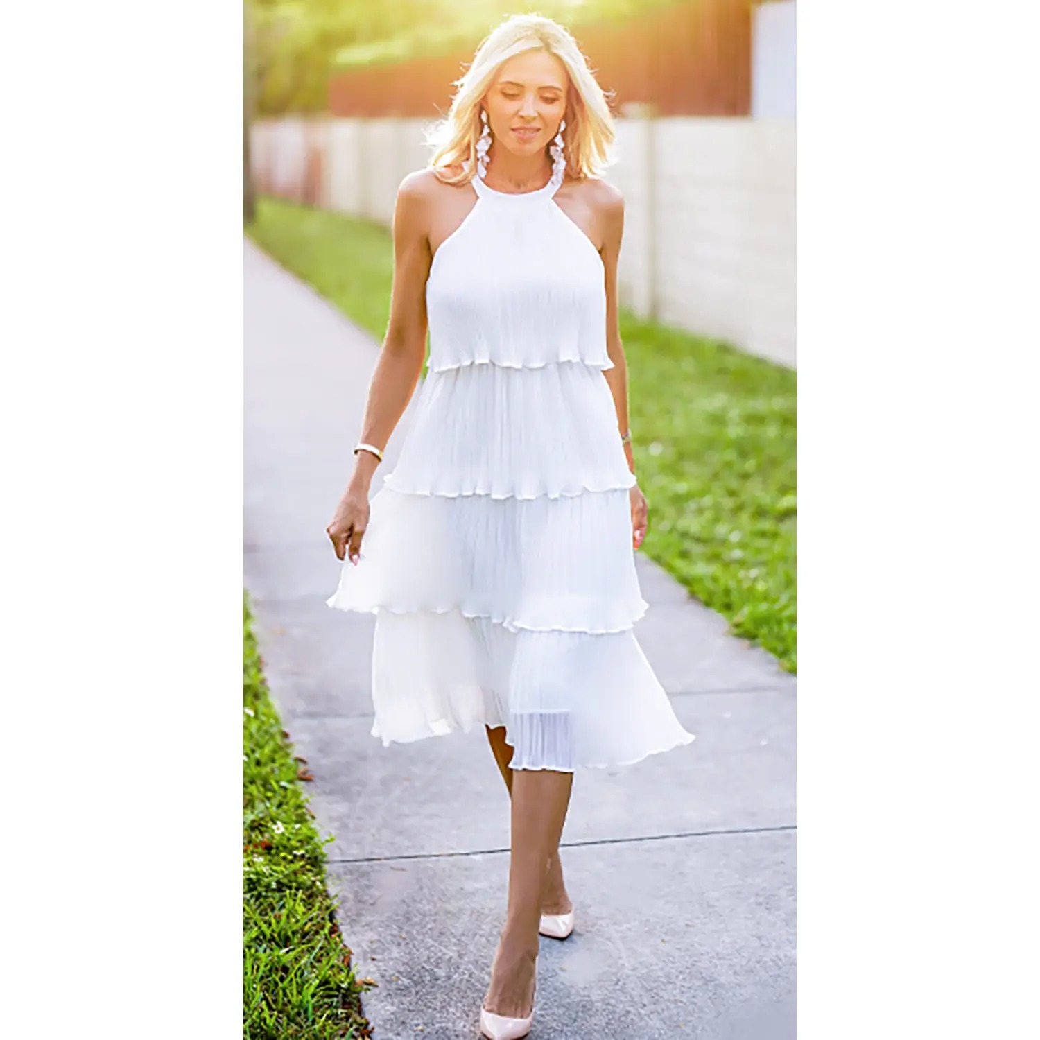 Women's Halter Neck Tiered Ruffle Chiffon Midi Dress