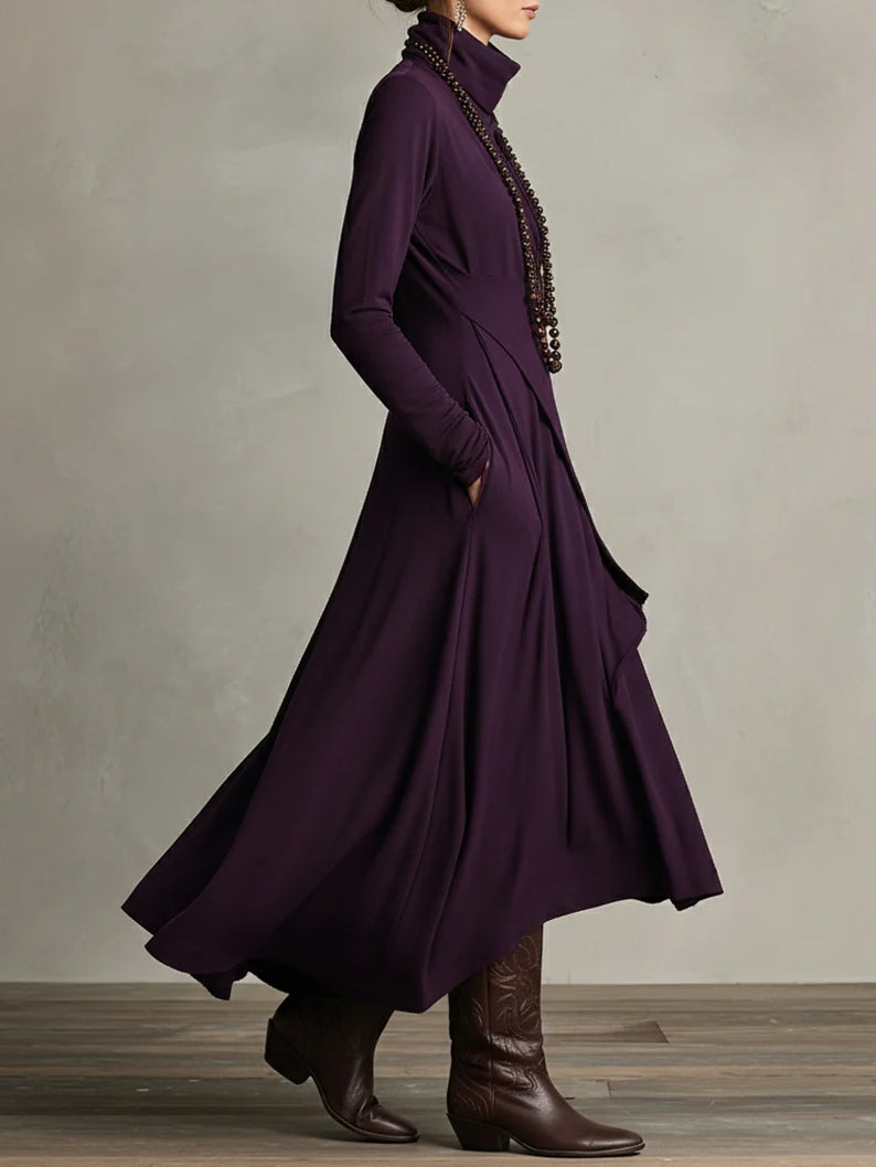 Purple High-neck Asymmetrical Pleated Maxi Dress(Necklace not included)