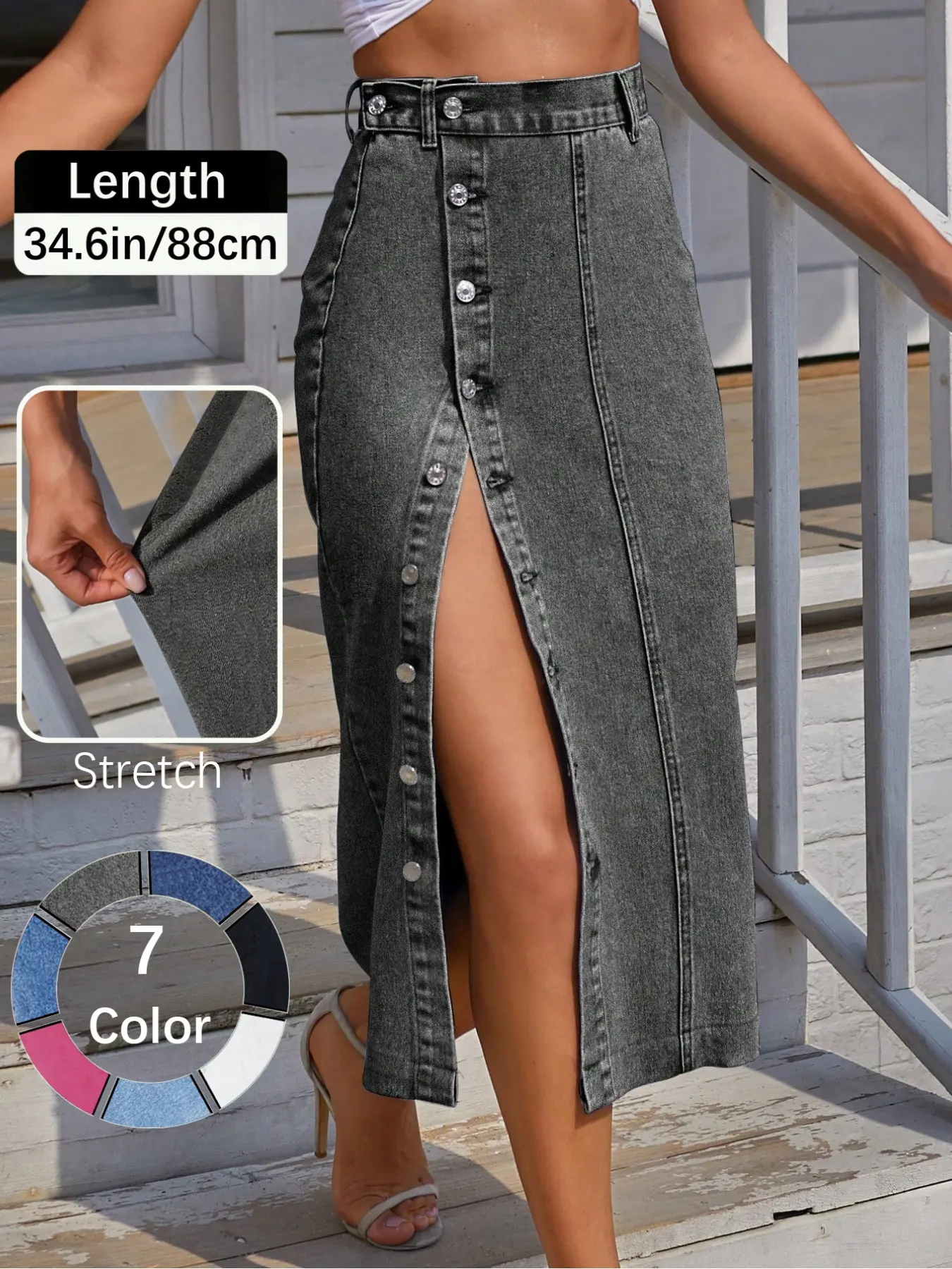 Women's  Button Front Light Wash Denim Split Hem Skirt