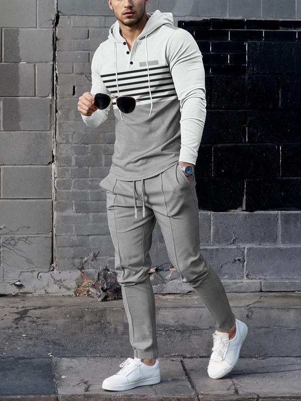 Men’s Hooded Striped Sweatshirt & Waffle Knit Pants Set