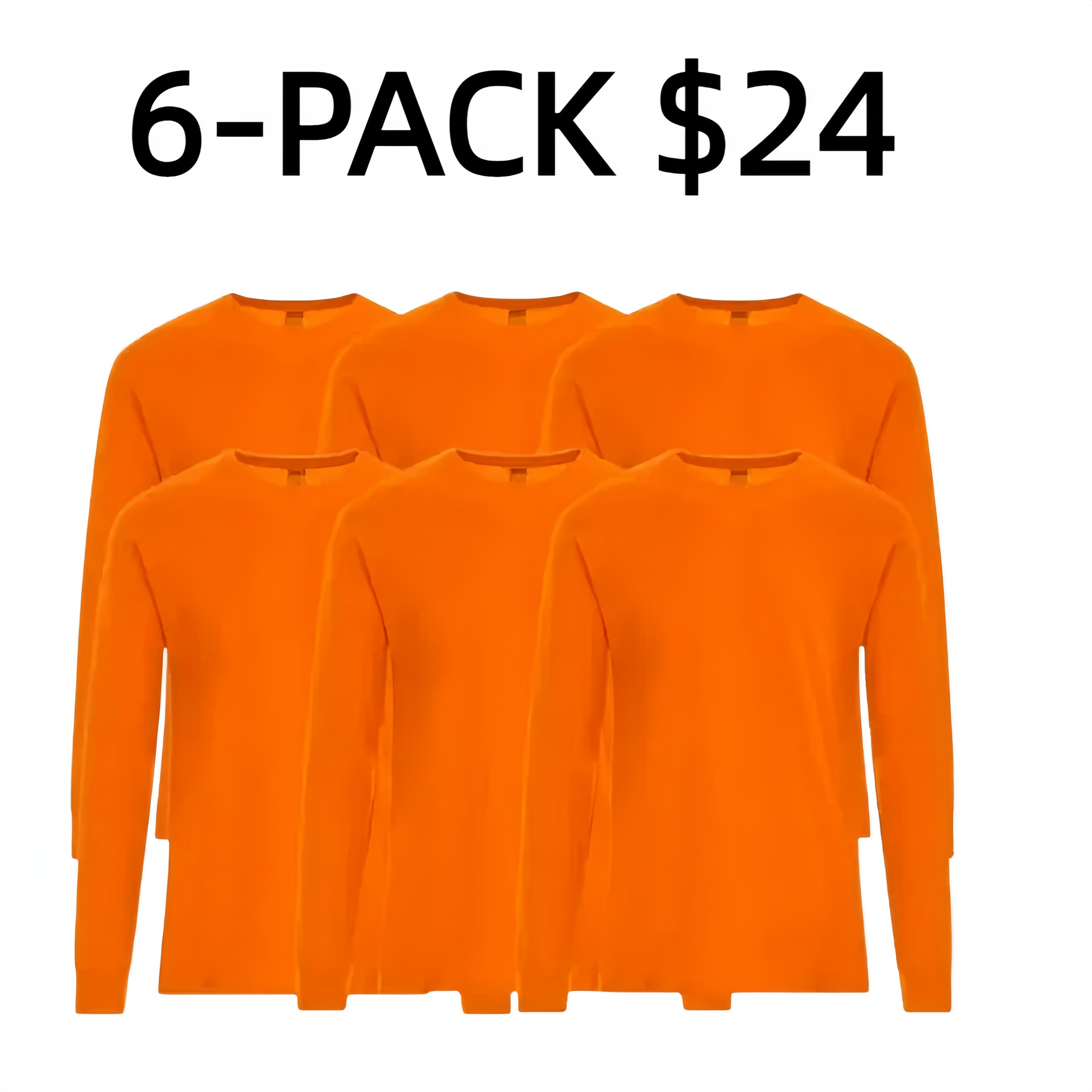 6 Pack: 100% Cotton High Visibility Safety Orange Long Sleeve Crew Neck T-Shirts